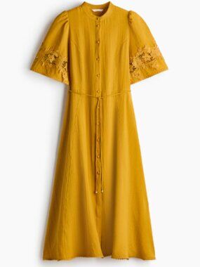 h&m yellow embroidered dress Women's Pale yellow Dress with Eyelet-Embroidered Sleeves